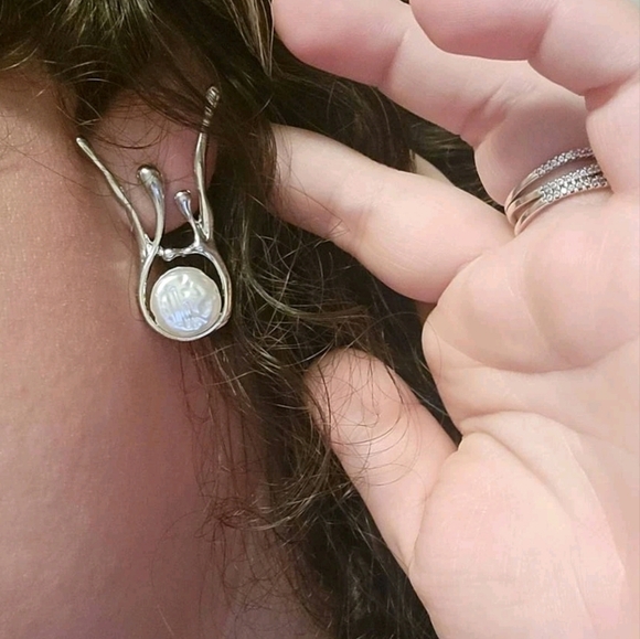 Silver Abstract statement earrings dangle Faux pearl metallic Modern 💖2/$30 - Picture 16 of 16